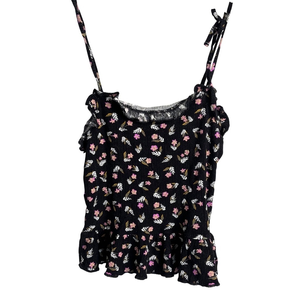 Billabong Floral Cami Top Womens Small Black Ribbed Ruffle Tie Strap Peplum